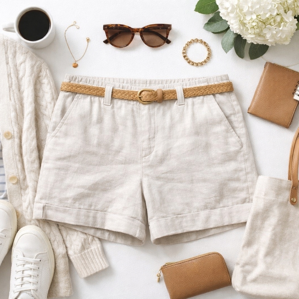 Old Navy Women’s High-Rise Linen Blend Shorts | Size M | Oatmeal Neutral | Prepp